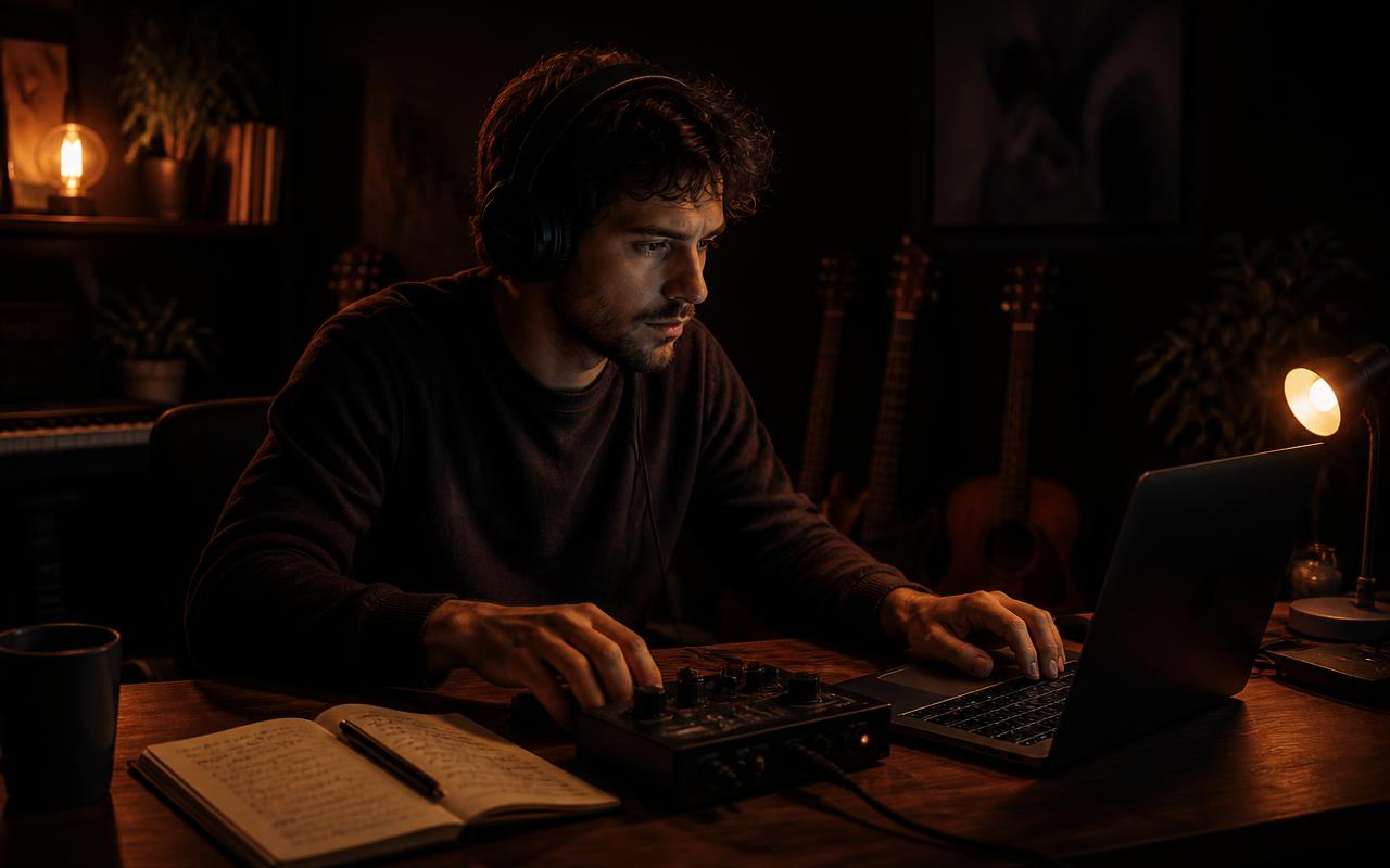 A songwriter listening back to a recording in the studio